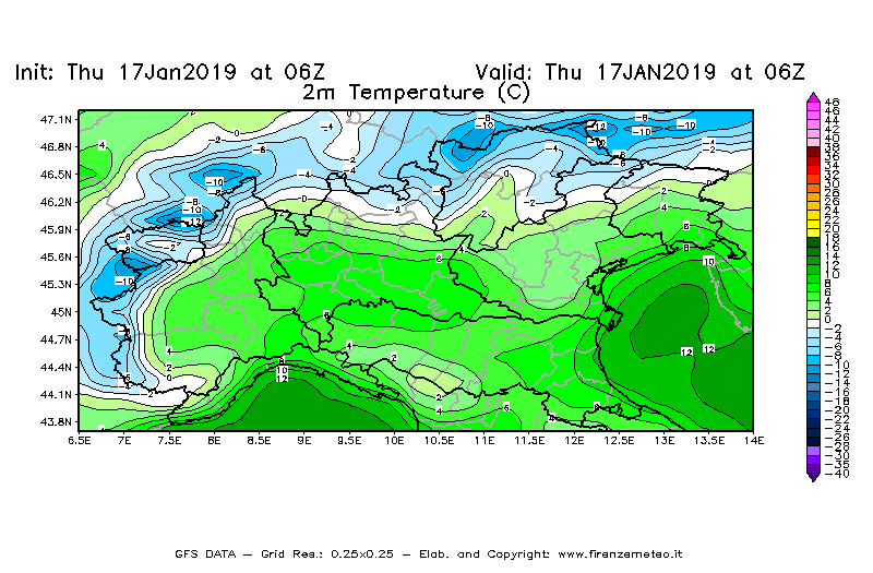 Mappa di analisi GFS - Temperatura a 2 metri dal suolo [°C] in Nord-Italia
									del 17/01/2019 06 <!--googleoff: index-->UTC<!--googleon: index-->