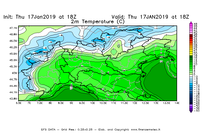 Mappa di analisi GFS - Temperatura a 2 metri dal suolo [°C] in Nord-Italia
									del 17/01/2019 18 <!--googleoff: index-->UTC<!--googleon: index-->