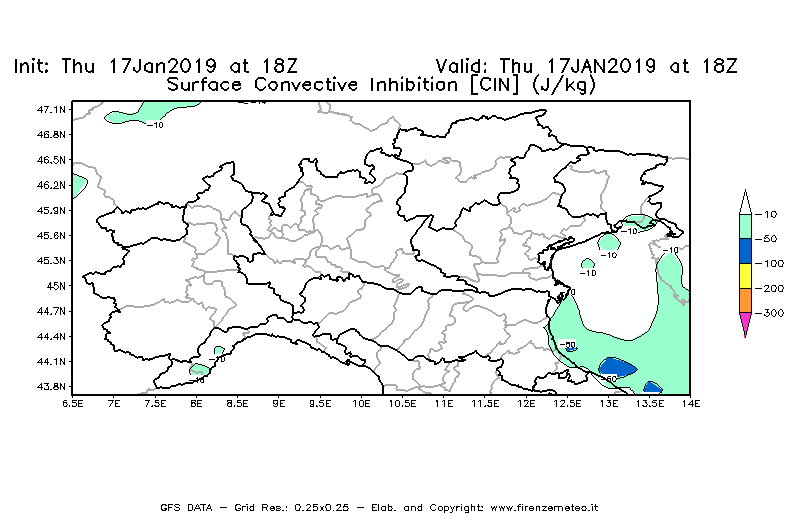Mappa di analisi GFS - CIN [J/kg] in Nord-Italia
									del 17/01/2019 18 <!--googleoff: index-->UTC<!--googleon: index-->