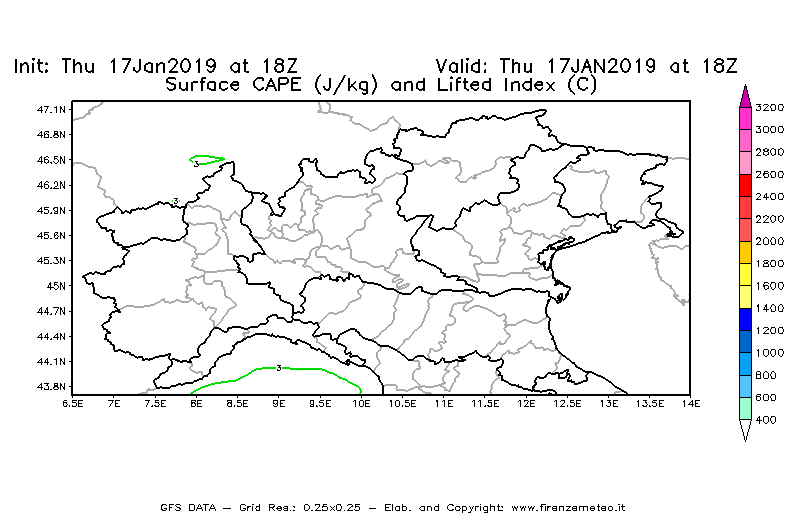 Mappa di analisi GFS - CAPE [J/kg] e Lifted Index [°C] in Nord-Italia
									del 17/01/2019 18 <!--googleoff: index-->UTC<!--googleon: index-->