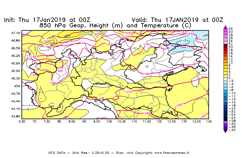 Mappa di analisi GFS - Geopotenziale [m] e Temperatura [°C] a 850 hPa in Nord-Italia
							del 17/01/2019 00 <!--googleoff: index-->UTC<!--googleon: index-->