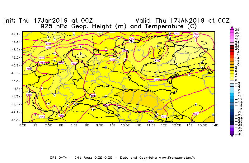 Mappa di analisi GFS - Geopotenziale [m] e Temperatura [°C] a 925 hPa in Nord-Italia
							del 17/01/2019 00 <!--googleoff: index-->UTC<!--googleon: index-->
