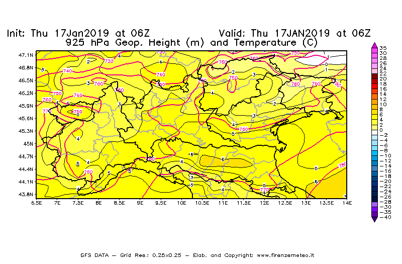 Mappa di analisi GFS - Geopotenziale [m] e Temperatura [°C] a 925 hPa in Nord-Italia
									del 17/01/2019 06 <!--googleoff: index-->UTC<!--googleon: index-->