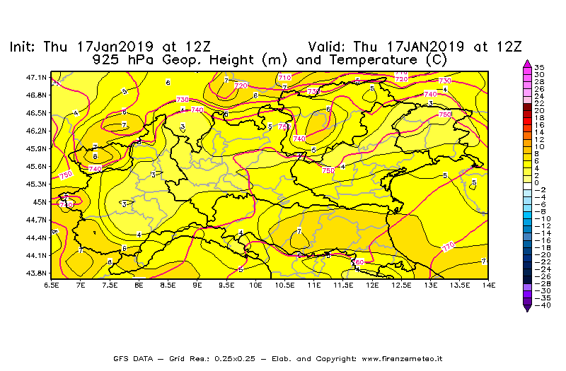 Mappa di analisi GFS - Geopotenziale [m] e Temperatura [°C] a 925 hPa in Nord-Italia
							del 17/01/2019 12 <!--googleoff: index-->UTC<!--googleon: index-->