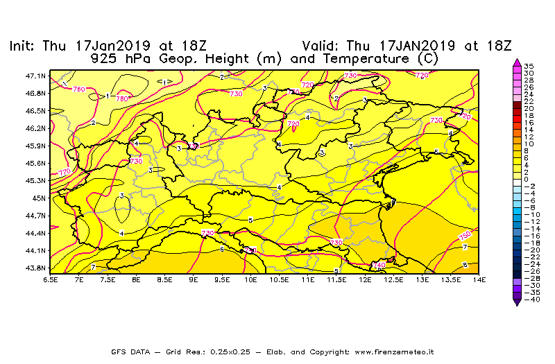 Mappa di analisi GFS - Geopotenziale [m] e Temperatura [°C] a 925 hPa in Nord-Italia
									del 17/01/2019 18 <!--googleoff: index-->UTC<!--googleon: index-->
