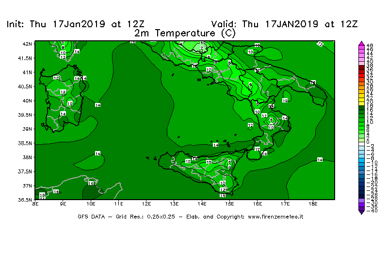 Mappa di analisi GFS - Temperatura a 2 metri dal suolo [°C] in Sud-Italia
							del 17/01/2019 12 <!--googleoff: index-->UTC<!--googleon: index-->