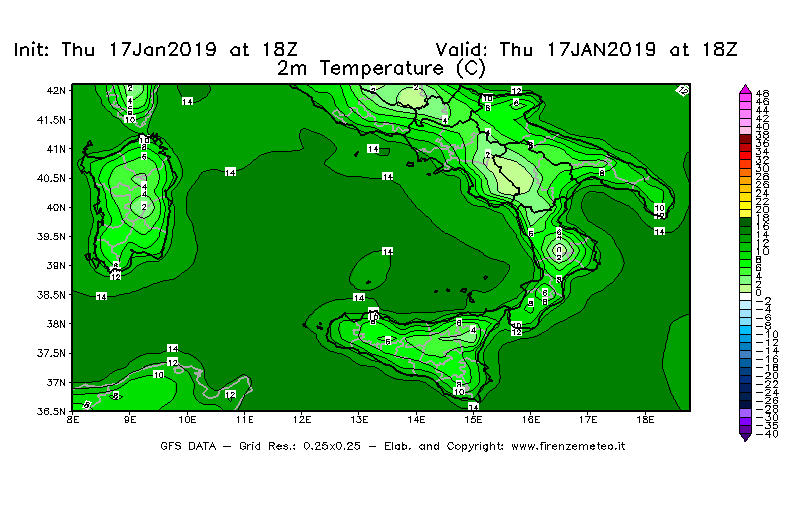 Mappa di analisi GFS - Temperatura a 2 metri dal suolo [°C] in Sud-Italia
									del 17/01/2019 18 <!--googleoff: index-->UTC<!--googleon: index-->