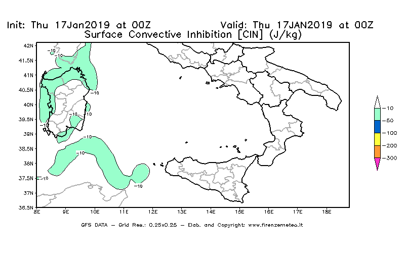 Mappa di analisi GFS - CIN [J/kg] in Sud-Italia
							del 17/01/2019 00 <!--googleoff: index-->UTC<!--googleon: index-->