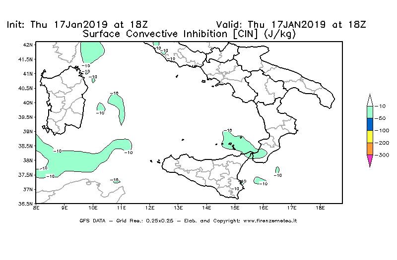 Mappa di analisi GFS - CIN [J/kg] in Sud-Italia
									del 17/01/2019 18 <!--googleoff: index-->UTC<!--googleon: index-->