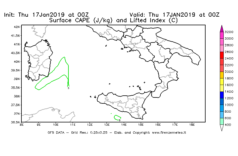 Mappa di analisi GFS - CAPE [J/kg] e Lifted Index [°C] in Sud-Italia
									del 17/01/2019 00 <!--googleoff: index-->UTC<!--googleon: index-->