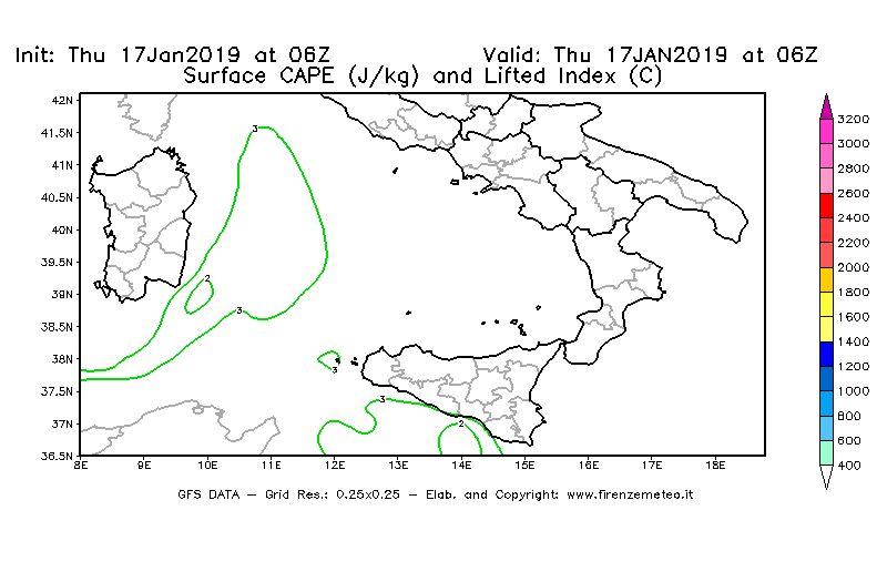Mappa di analisi GFS - CAPE [J/kg] e Lifted Index [°C] in Sud-Italia
									del 17/01/2019 06 <!--googleoff: index-->UTC<!--googleon: index-->