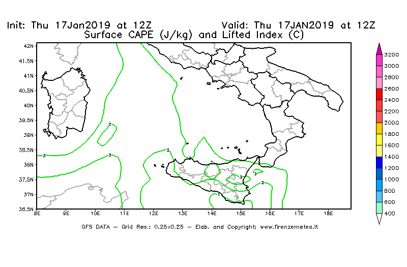 Mappa di analisi GFS - CAPE [J/kg] e Lifted Index [°C] in Sud-Italia
									del 17/01/2019 12 <!--googleoff: index-->UTC<!--googleon: index-->