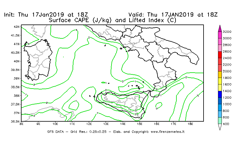 Mappa di analisi GFS - CAPE [J/kg] e Lifted Index [°C] in Sud-Italia
							del 17/01/2019 18 <!--googleoff: index-->UTC<!--googleon: index-->
