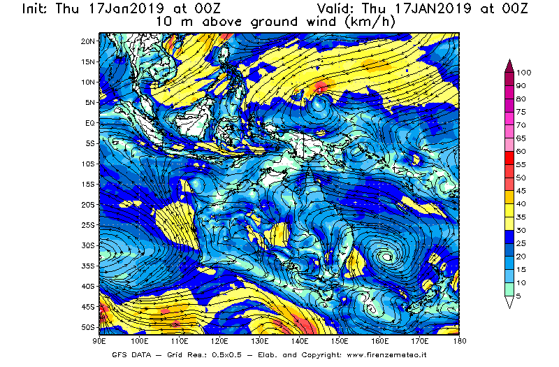 Mappa di analisi GFS - Velocità del vento a 10 metri dal suolo [km/h] in Oceania
									del 17/01/2019 00 <!--googleoff: index-->UTC<!--googleon: index-->