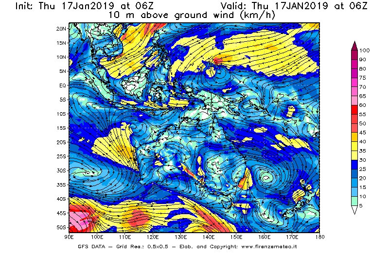Mappa di analisi GFS - Velocità del vento a 10 metri dal suolo [km/h] in Oceania
									del 17/01/2019 06 <!--googleoff: index-->UTC<!--googleon: index-->