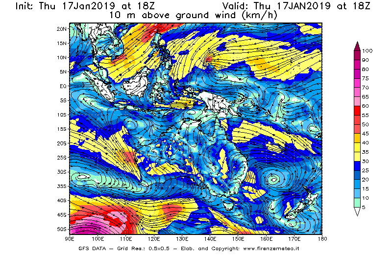 Mappa di analisi GFS - Velocità del vento a 10 metri dal suolo [km/h] in Oceania
							del 17/01/2019 18 <!--googleoff: index-->UTC<!--googleon: index-->