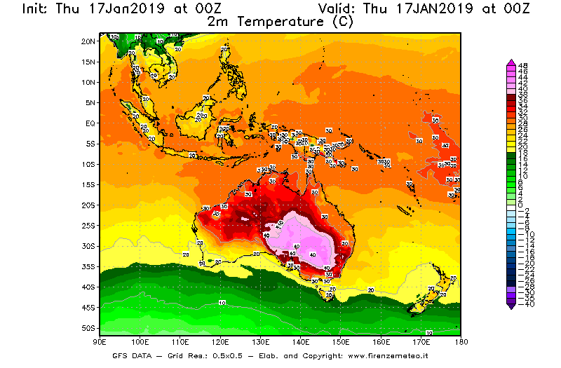 Mappa di analisi GFS - Temperatura a 2 metri dal suolo [°C] in Oceania
									del 17/01/2019 00 <!--googleoff: index-->UTC<!--googleon: index-->