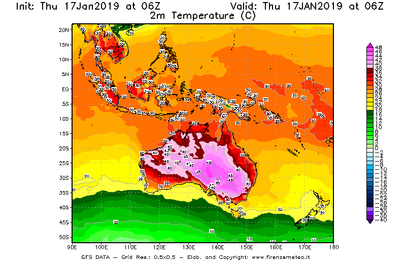 Mappa di analisi GFS - Temperatura a 2 metri dal suolo [°C] in Oceania
							del 17/01/2019 06 <!--googleoff: index-->UTC<!--googleon: index-->