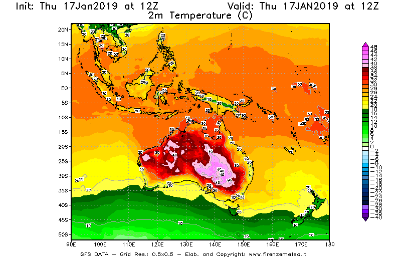 Mappa di analisi GFS - Temperatura a 2 metri dal suolo [°C] in Oceania
							del 17/01/2019 12 <!--googleoff: index-->UTC<!--googleon: index-->