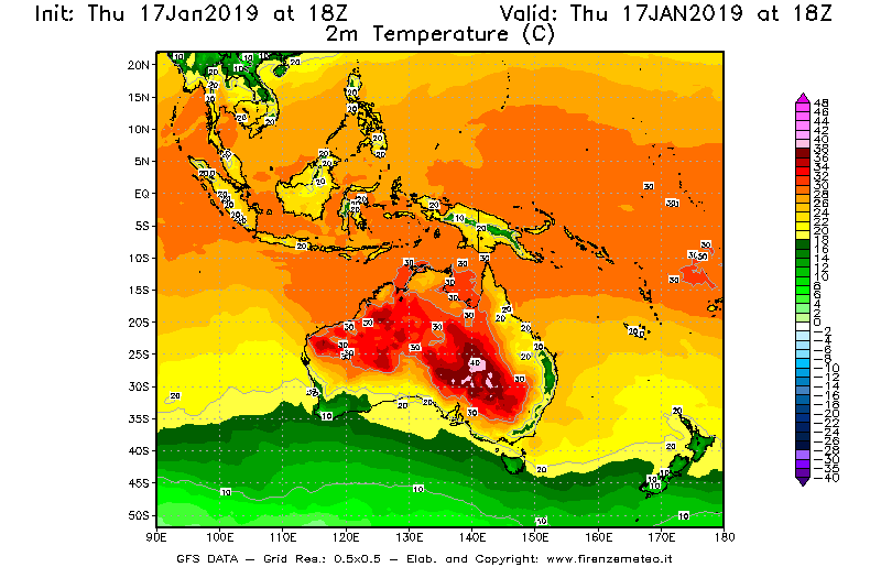 Mappa di analisi GFS - Temperatura a 2 metri dal suolo [°C] in Oceania
									del 17/01/2019 18 <!--googleoff: index-->UTC<!--googleon: index-->