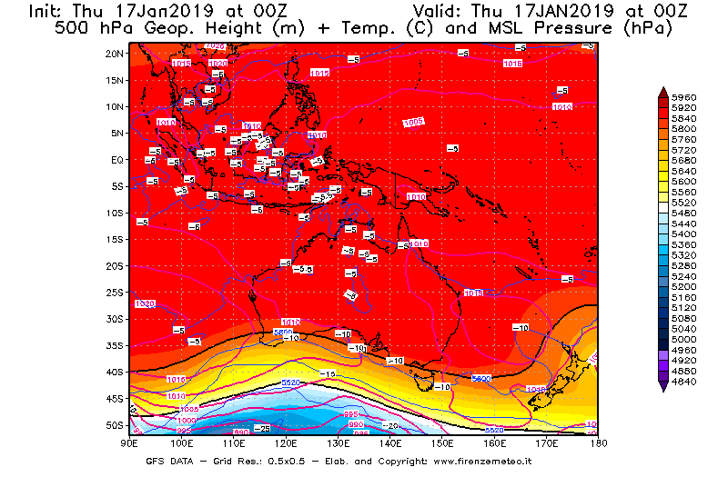 Mappa di analisi GFS - Geopotenziale [m] + Temp. [°C] a 500 hPa + Press. a livello del mare [hPa] in Oceania
							del 17/01/2019 00 <!--googleoff: index-->UTC<!--googleon: index-->