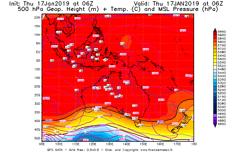 Mappa di analisi GFS - Geopotenziale [m] + Temp. [°C] a 500 hPa + Press. a livello del mare [hPa] in Oceania
									del 17/01/2019 06 <!--googleoff: index-->UTC<!--googleon: index-->