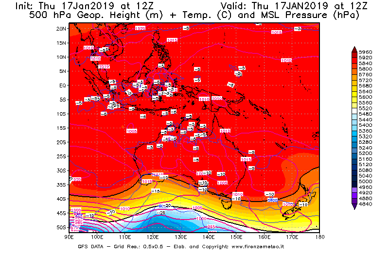 Mappa di analisi GFS - Geopotenziale [m] + Temp. [°C] a 500 hPa + Press. a livello del mare [hPa] in Oceania
							del 17/01/2019 12 <!--googleoff: index-->UTC<!--googleon: index-->