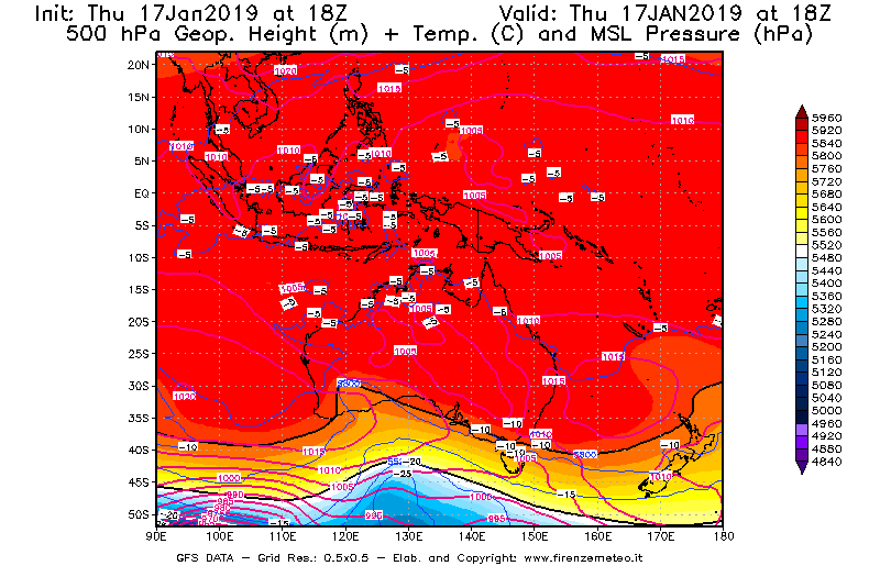 Mappa di analisi GFS - Geopotenziale [m] + Temp. [°C] a 500 hPa + Press. a livello del mare [hPa] in Oceania
									del 17/01/2019 18 <!--googleoff: index-->UTC<!--googleon: index-->