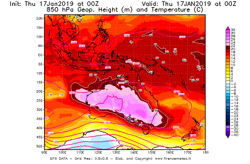 Mappa di analisi GFS - Geopotenziale [m] e Temperatura [°C] a 850 hPa in Oceania
									del 17/01/2019 00 <!--googleoff: index-->UTC<!--googleon: index-->
