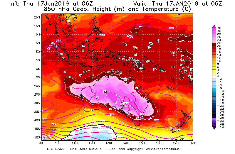 Mappa di analisi GFS - Geopotenziale [m] e Temperatura [°C] a 850 hPa in Oceania
									del 17/01/2019 06 <!--googleoff: index-->UTC<!--googleon: index-->