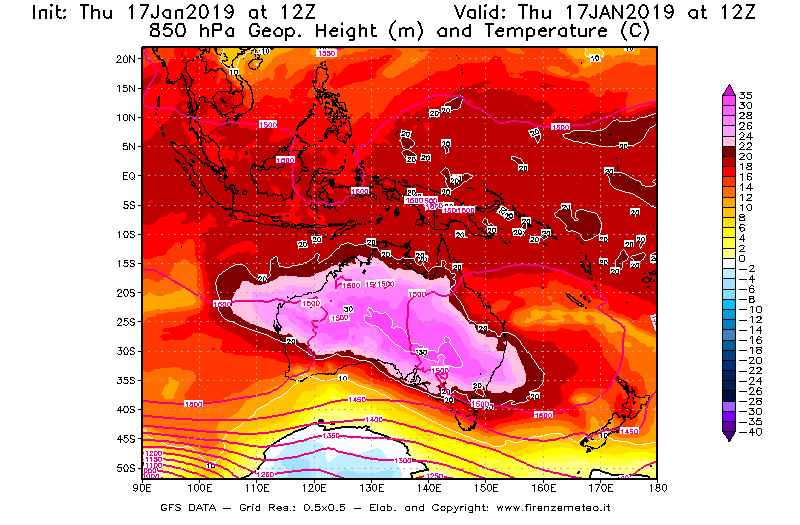 Mappa di analisi GFS - Geopotenziale [m] e Temperatura [°C] a 850 hPa in Oceania
							del 17/01/2019 12 <!--googleoff: index-->UTC<!--googleon: index-->