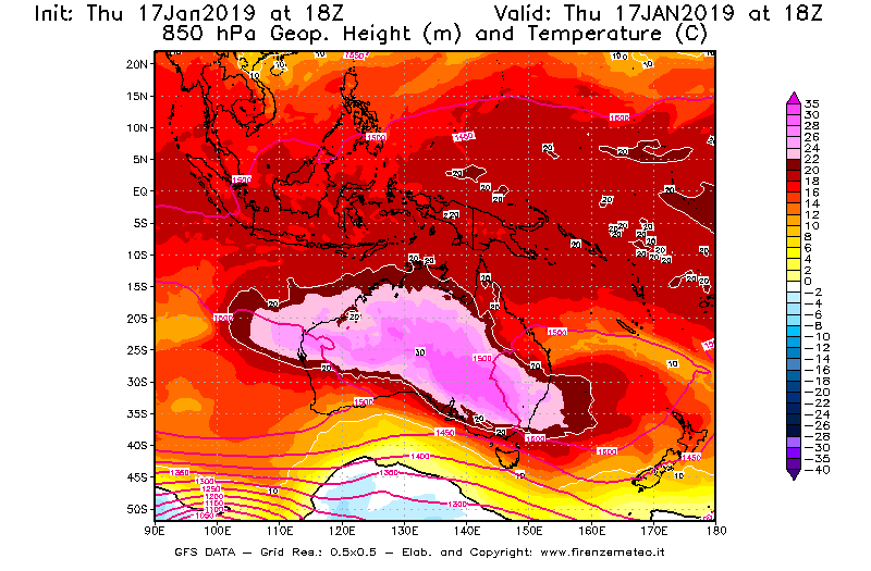 Mappa di analisi GFS - Geopotenziale [m] e Temperatura [°C] a 850 hPa in Oceania
									del 17/01/2019 18 <!--googleoff: index-->UTC<!--googleon: index-->