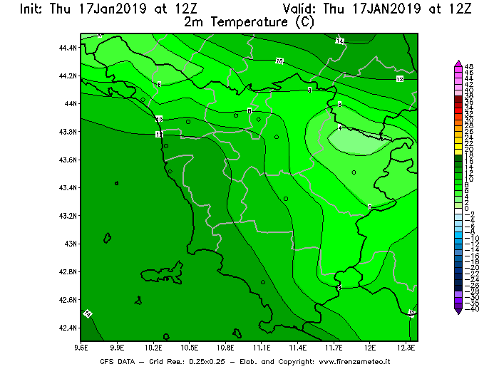 Mappa di analisi GFS - Temperatura a 2 metri dal suolo [°C] in Toscana
									del 17/01/2019 12 <!--googleoff: index-->UTC<!--googleon: index-->