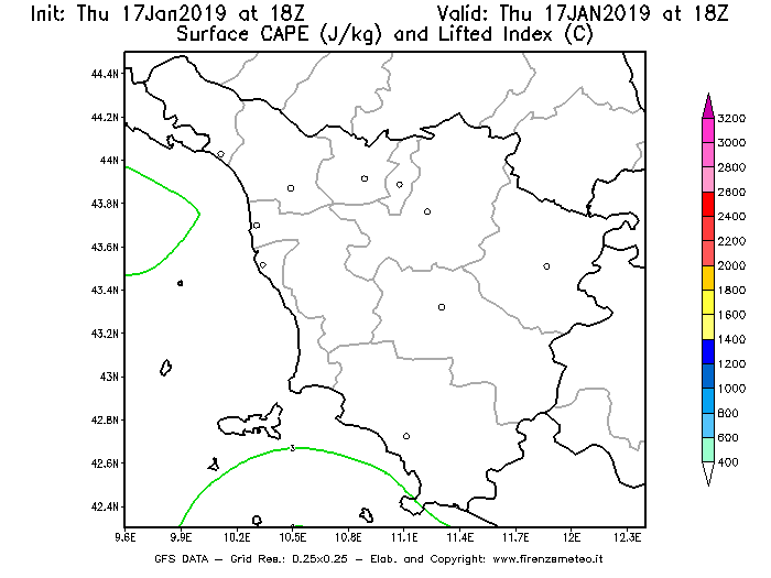 Mappa di analisi GFS - CAPE [J/kg] e Lifted Index [°C] in Toscana
							del 17/01/2019 18 <!--googleoff: index-->UTC<!--googleon: index-->