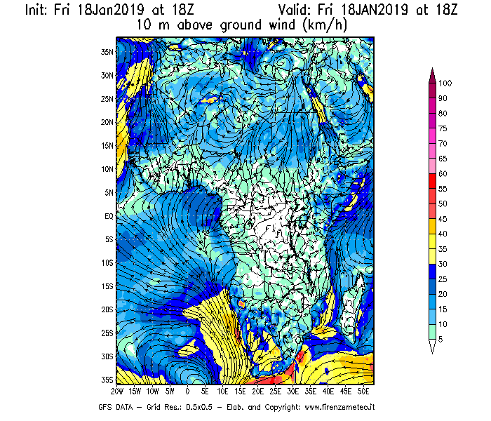 Mappa di analisi GFS - Velocità del vento a 10 metri dal suolo [km/h] in Africa
							del 18/01/2019 18 <!--googleoff: index-->UTC<!--googleon: index-->