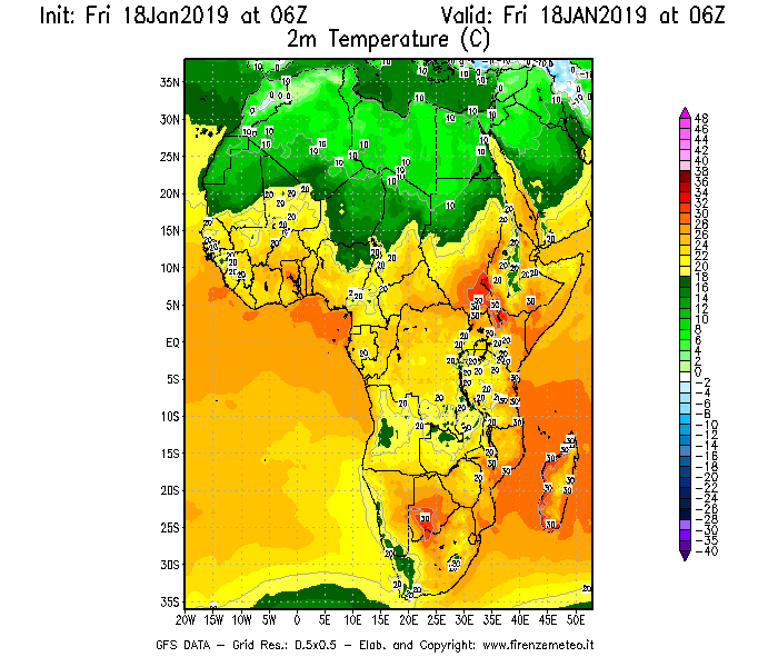 Mappa di analisi GFS - Temperatura a 2 metri dal suolo [°C] in Africa
									del 18/01/2019 06 <!--googleoff: index-->UTC<!--googleon: index-->