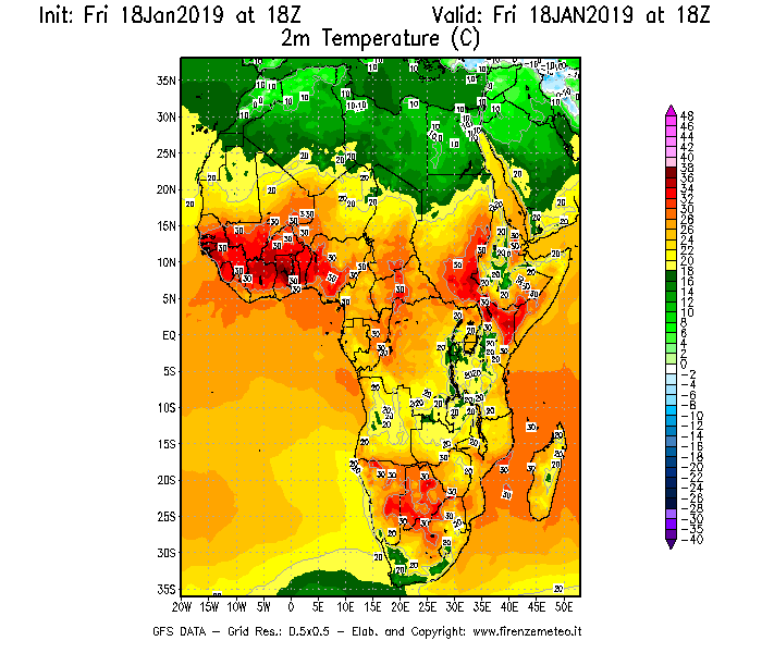 Mappa di analisi GFS - Temperatura a 2 metri dal suolo [°C] in Africa
									del 18/01/2019 18 <!--googleoff: index-->UTC<!--googleon: index-->
