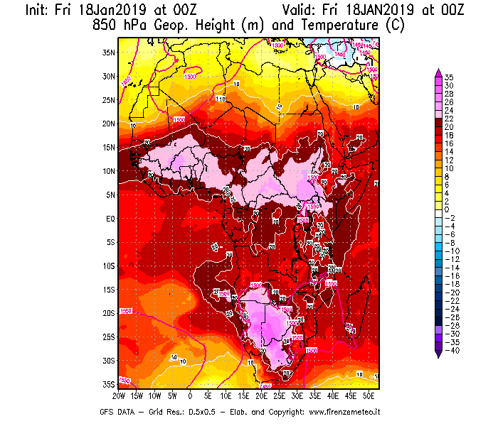Mappa di analisi GFS - Geopotenziale [m] e Temperatura [°C] a 850 hPa in Africa
							del 18/01/2019 00 <!--googleoff: index-->UTC<!--googleon: index-->