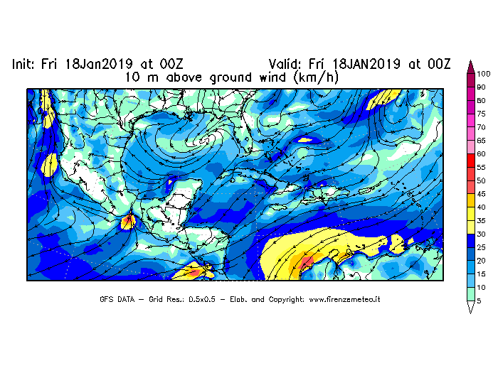 Mappa di analisi GFS - Velocità del vento a 10 metri dal suolo [km/h] in Centro-America
									del 18/01/2019 00 <!--googleoff: index-->UTC<!--googleon: index-->