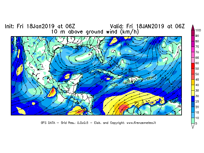Mappa di analisi GFS - Velocità del vento a 10 metri dal suolo [km/h] in Centro-America
							del 18/01/2019 06 <!--googleoff: index-->UTC<!--googleon: index-->