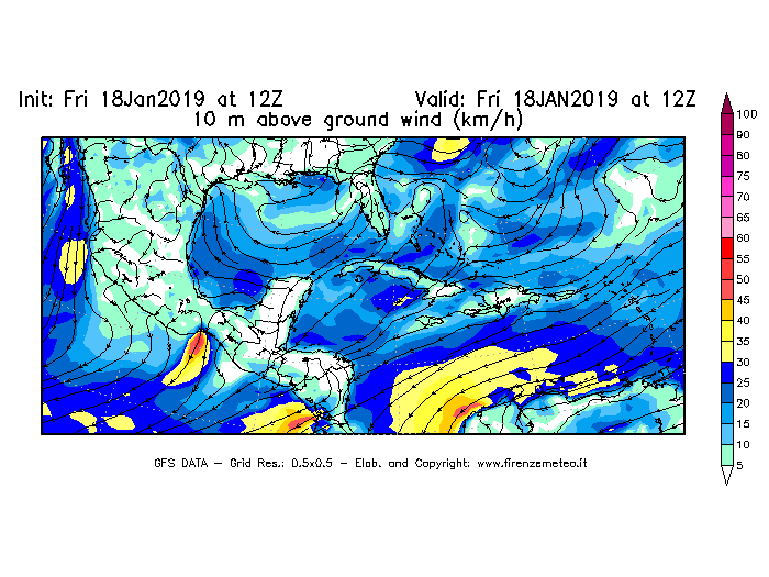 Mappa di analisi GFS - Velocità del vento a 10 metri dal suolo [km/h] in Centro-America
							del 18/01/2019 12 <!--googleoff: index-->UTC<!--googleon: index-->