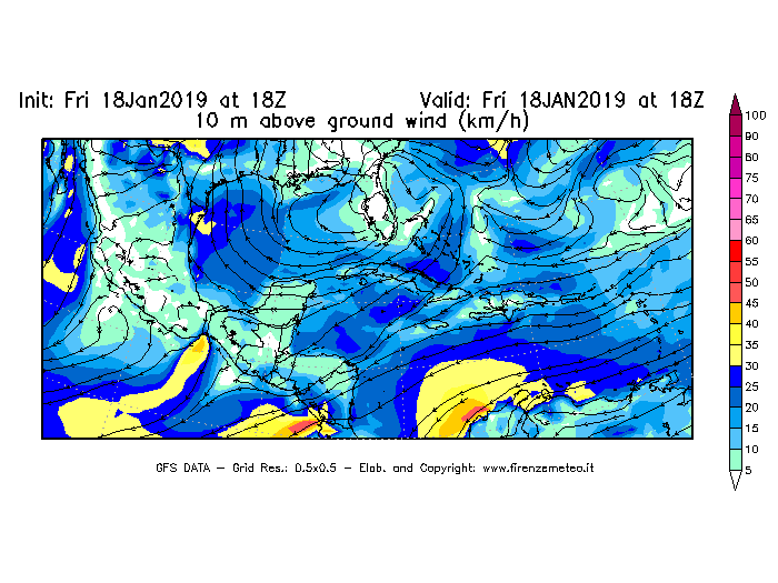 Mappa di analisi GFS - Velocità del vento a 10 metri dal suolo [km/h] in Centro-America
							del 18/01/2019 18 <!--googleoff: index-->UTC<!--googleon: index-->
