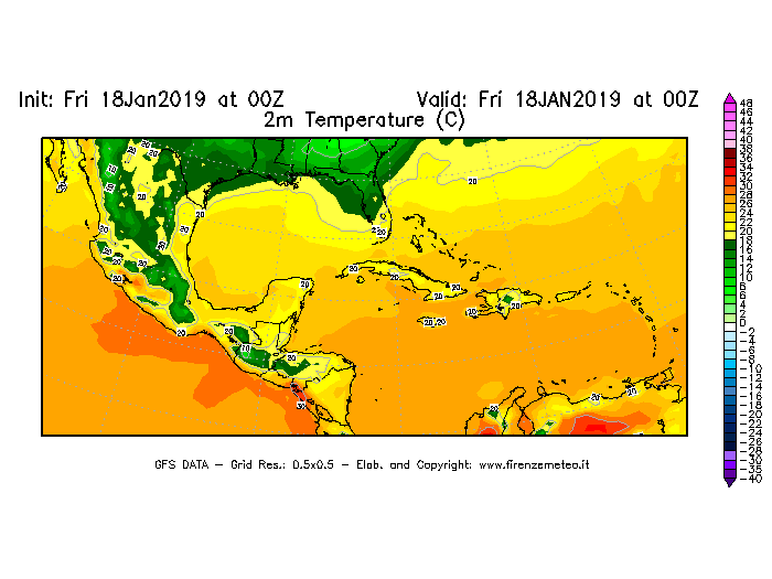 Mappa di analisi GFS - Temperatura a 2 metri dal suolo [°C] in Centro-America
							del 18/01/2019 00 <!--googleoff: index-->UTC<!--googleon: index-->