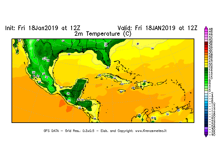 Mappa di analisi GFS - Temperatura a 2 metri dal suolo [°C] in Centro-America
									del 18/01/2019 12 <!--googleoff: index-->UTC<!--googleon: index-->