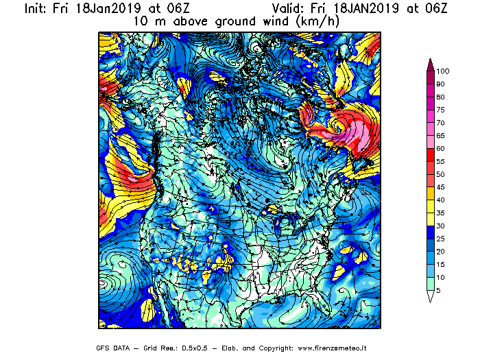 Mappa di analisi GFS - Velocità del vento a 10 metri dal suolo [km/h] in Nord-America
							del 18/01/2019 06 <!--googleoff: index-->UTC<!--googleon: index-->