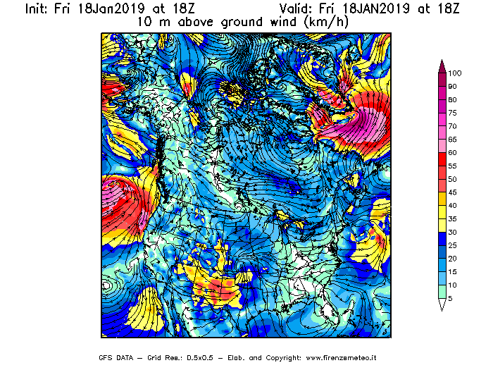 Mappa di analisi GFS - Velocità del vento a 10 metri dal suolo [km/h] in Nord-America
									del 18/01/2019 18 <!--googleoff: index-->UTC<!--googleon: index-->
