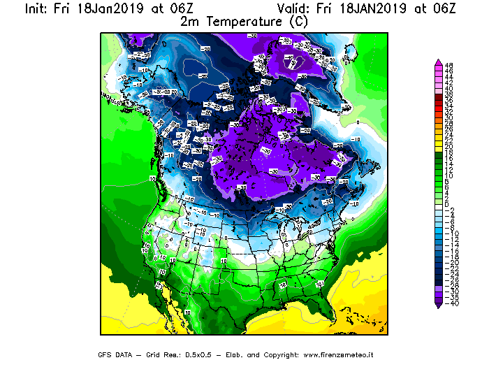 Mappa di analisi GFS - Temperatura a 2 metri dal suolo [°C] in Nord-America
									del 18/01/2019 06 <!--googleoff: index-->UTC<!--googleon: index-->