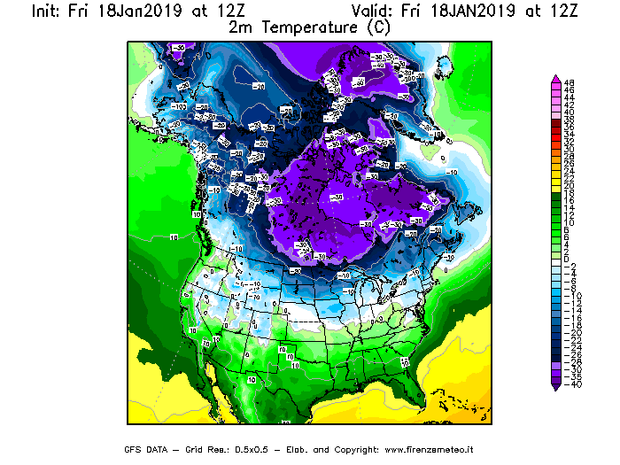Mappa di analisi GFS - Temperatura a 2 metri dal suolo [°C] in Nord-America
							del 18/01/2019 12 <!--googleoff: index-->UTC<!--googleon: index-->