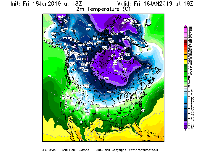 Mappa di analisi GFS - Temperatura a 2 metri dal suolo [°C] in Nord-America
							del 18/01/2019 18 <!--googleoff: index-->UTC<!--googleon: index-->