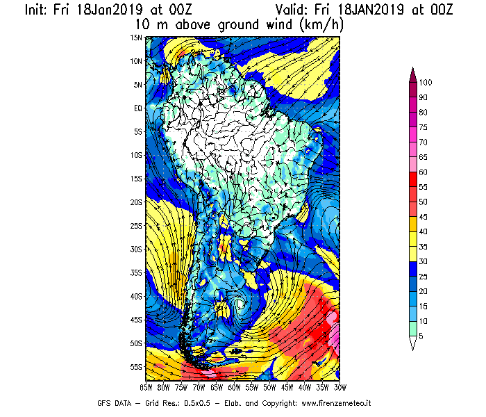 Mappa di analisi GFS - Velocità del vento a 10 metri dal suolo [km/h] in Sud-America
							del 18/01/2019 00 <!--googleoff: index-->UTC<!--googleon: index-->